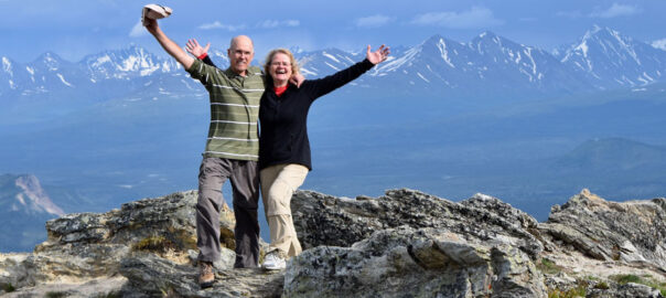 Happy seniors on a mountain