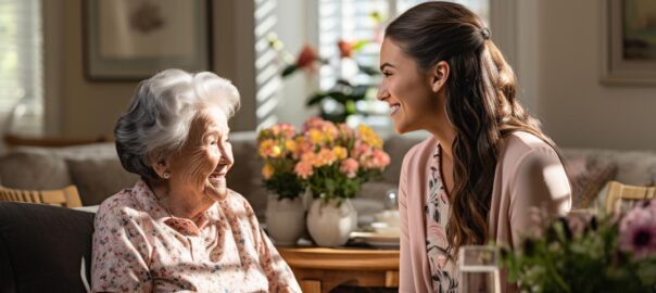Long-term care provider talking with elderly woman