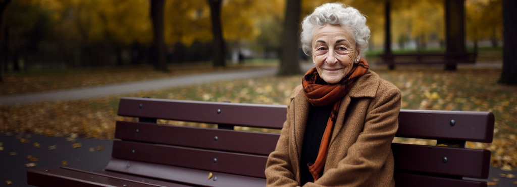 Senior woman on park bench in autumn