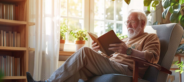 Senior man reading in his living room